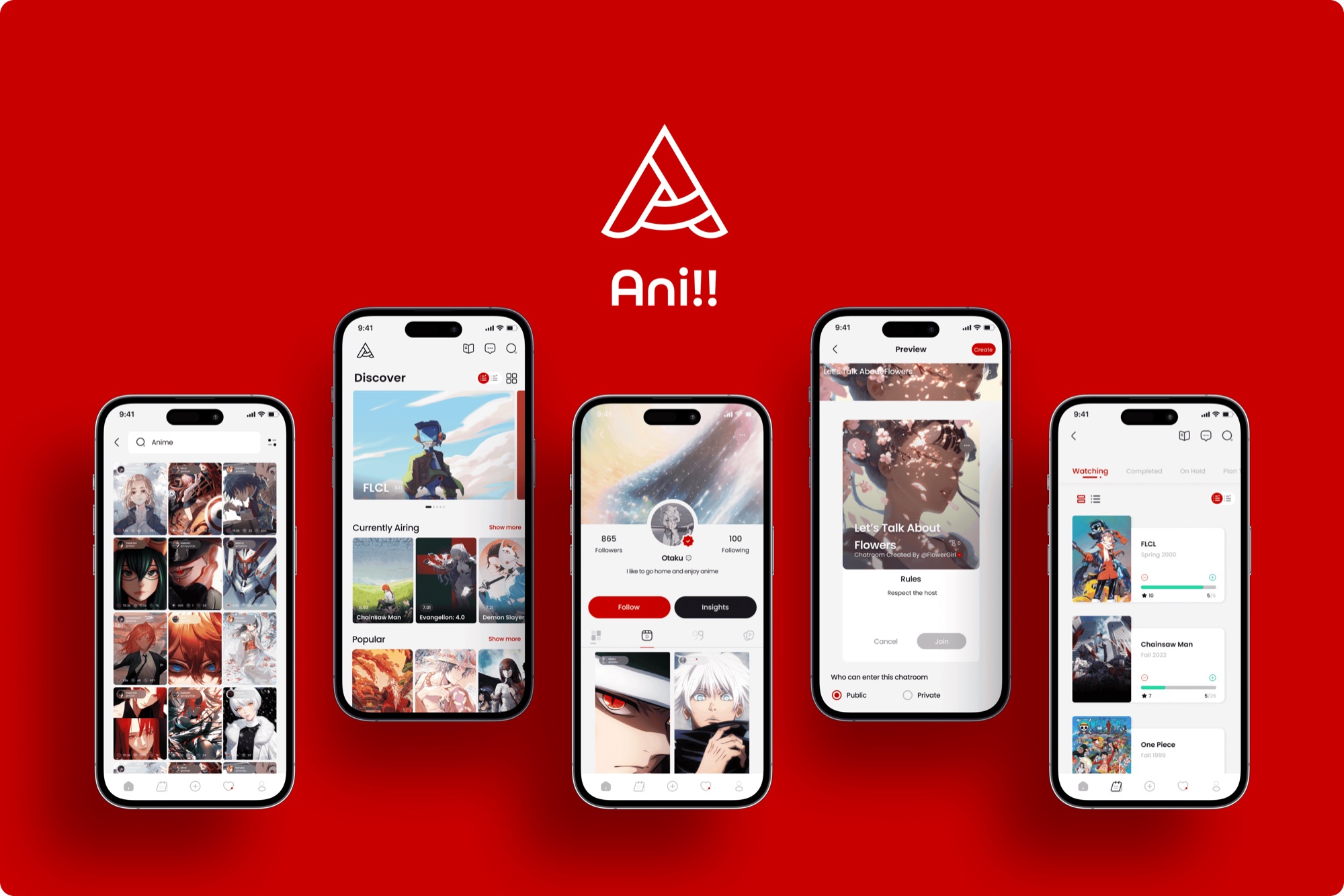 Five Ani app screens on a red background: Discover, search, profile, chatrooms and the Watching list.