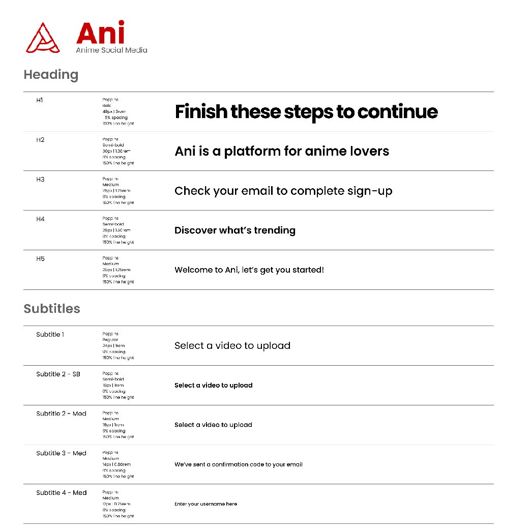 Ani typography specification for headings and subtitles.