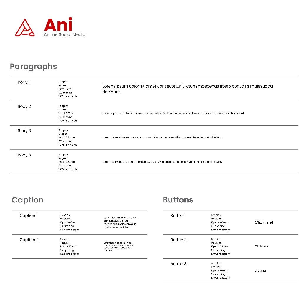 Ani typography specification for paragraphs, captions and buttons.