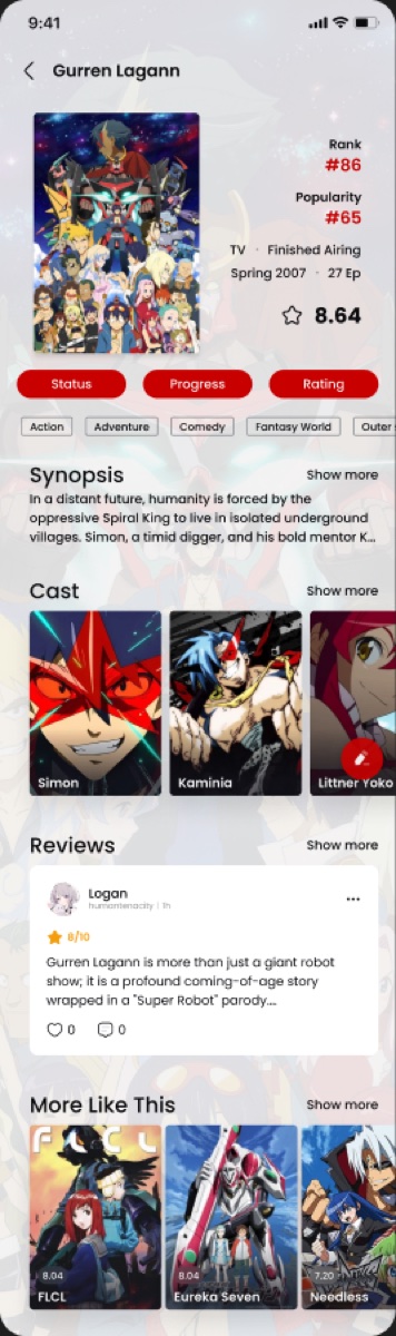 Ani anime detail page showing synopsis, cast and reviews.