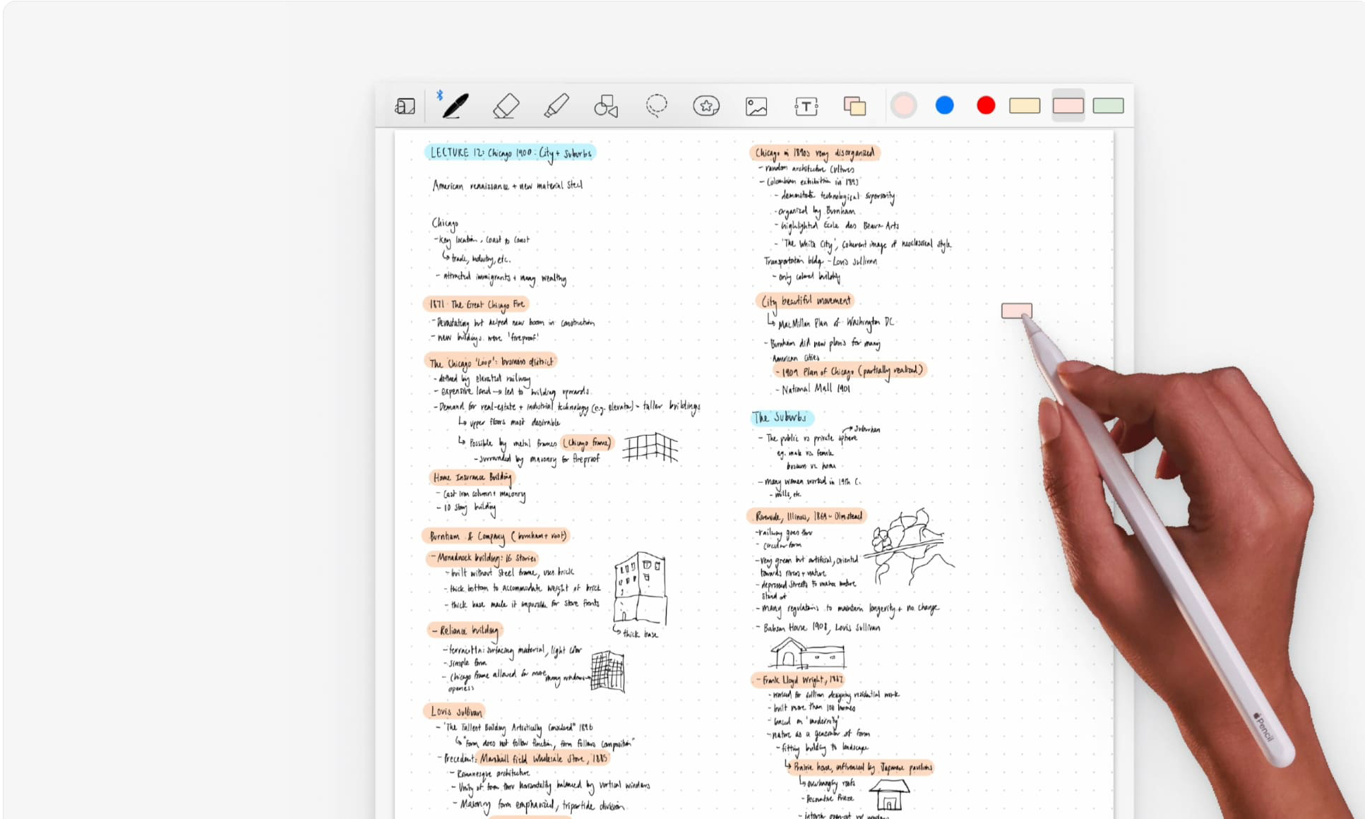 A hand holding an Apple Pencil tagging a highlighted section of architecture lecture notes in GoodNotes.