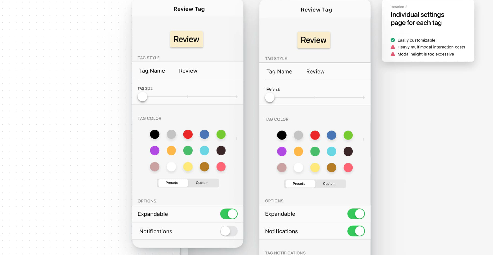Second iteration: an individual settings modal for each tag, with color, size and notification options.