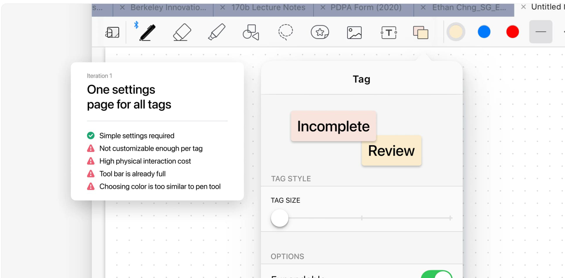 First iteration: one shared settings page for all tags, opened from the toolbar.