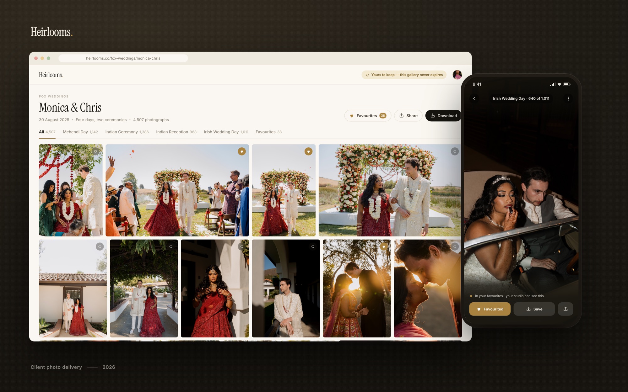 The Heirlooms client gallery on a laptop beside the iOS photo view.