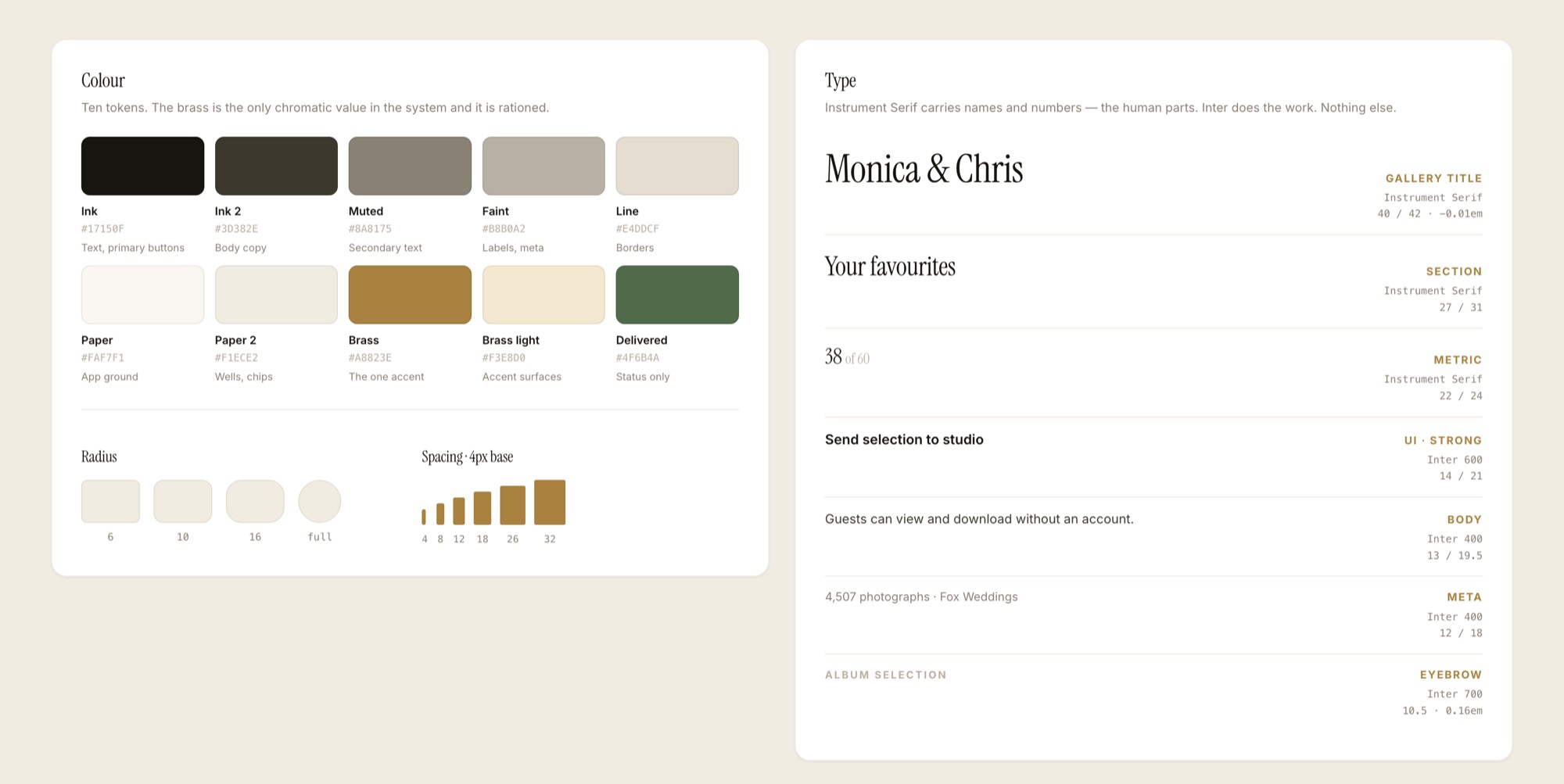 The Heirlooms colour tokens, radius and spacing scales, and the type specimen for Instrument Serif and Inter.