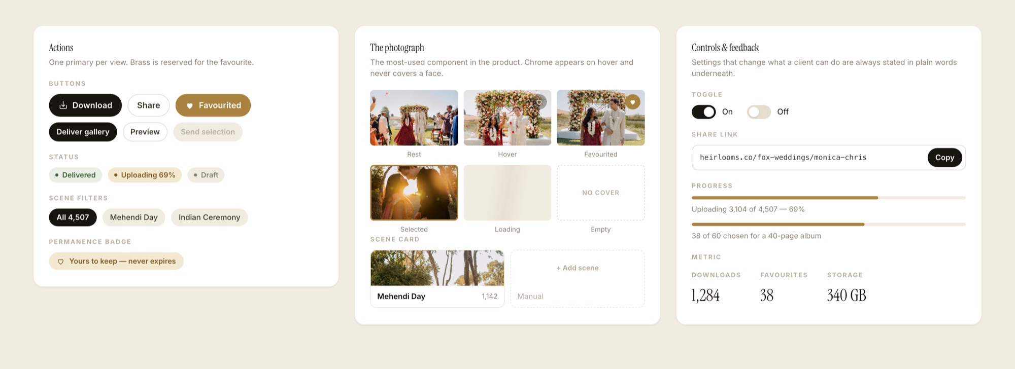 Component library showing buttons, status pills, scene chips, photo cell states, toggles, progress bars and metrics.
