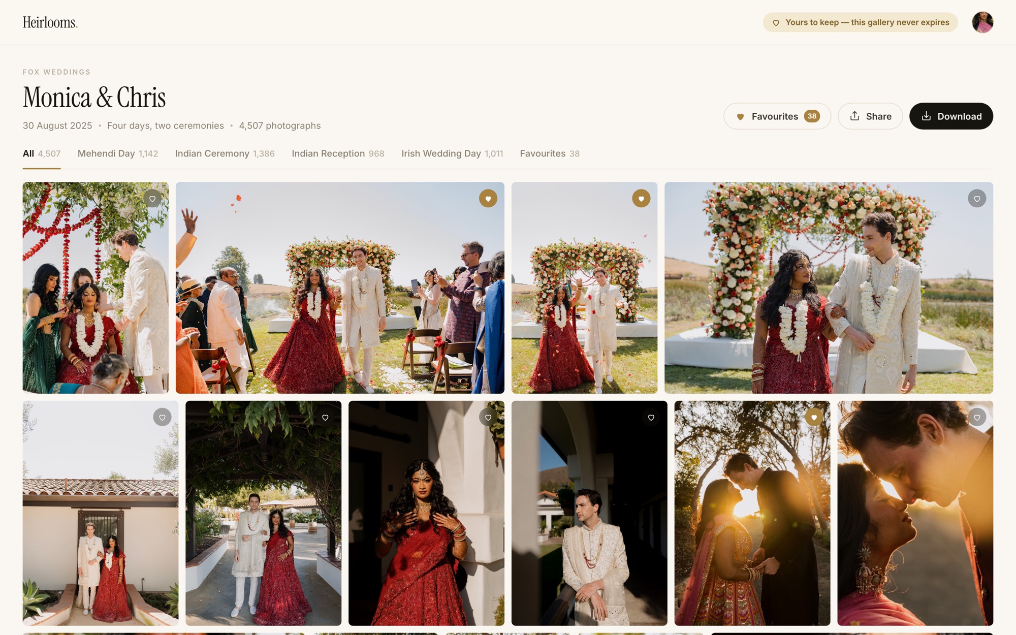The Heirlooms client gallery showing scene tabs (Mehendi Day, Indian Ceremony, Indian Reception, Irish Wedding Day) over a justified grid.