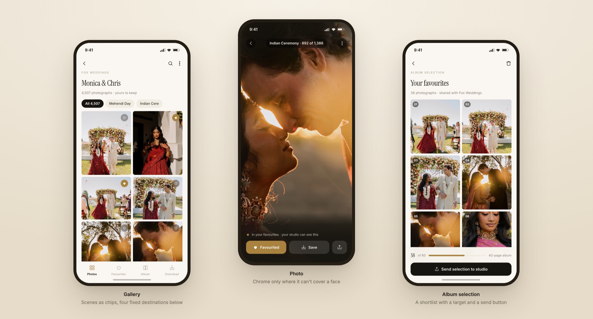 Three iOS screens: the mobile gallery, the full-screen photo view, and the album selection screen with a send button.