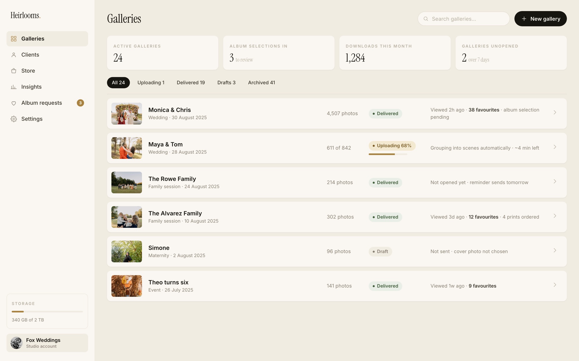 The photographer's dashboard listing galleries with delivery status, client activity and pending album selections.