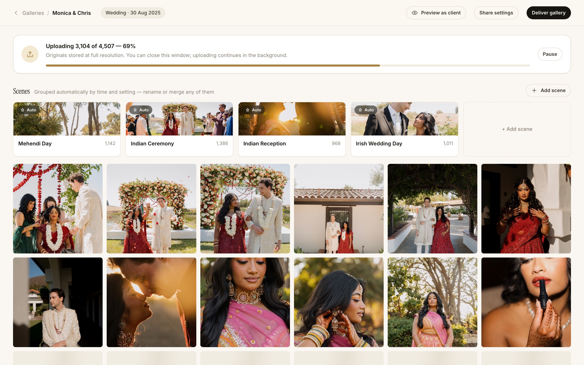 The gallery editor mid-upload, showing 3,104 of 4,507 photographs uploaded and four automatically detected scenes.
