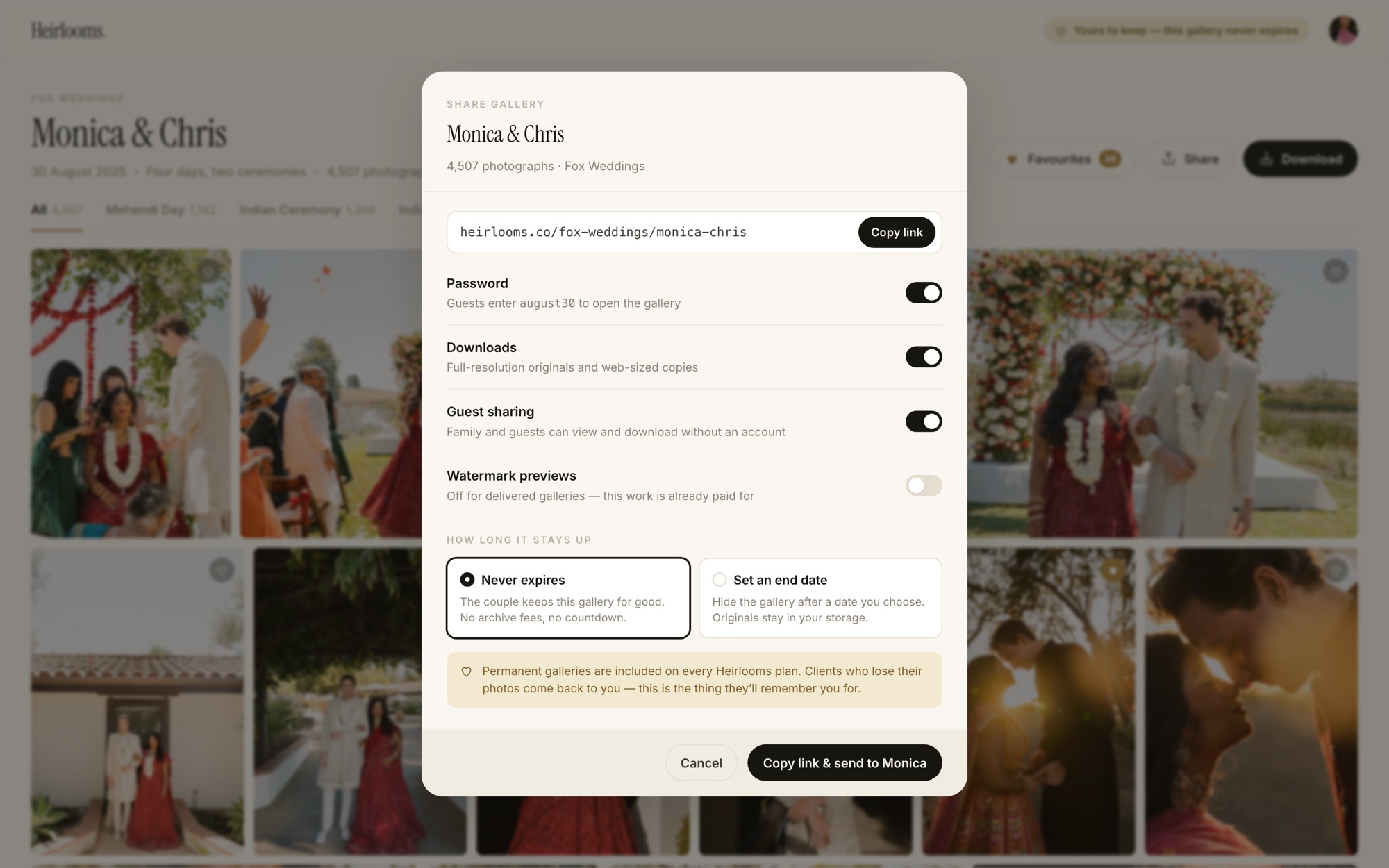 The share dialog showing password, download and guest sharing toggles, with 'Never expires' selected as the gallery lifespan.